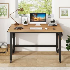 Costway 1/2/4 PCS Rolling Computer Desk Metal Frame PC Laptop Table Wood Top Study Workstation