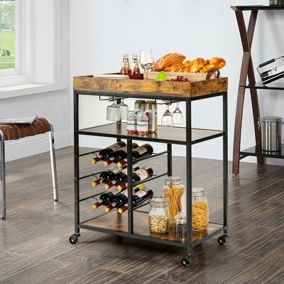 Costway 3-Tier Rolling Kitchen Cart Utility Trolley W/ Wine Bottle Rack 3 Costway 3-Tier Rolling Kitchen Cart Utility Trolley W/ Wine Bottle Rack - Image 3