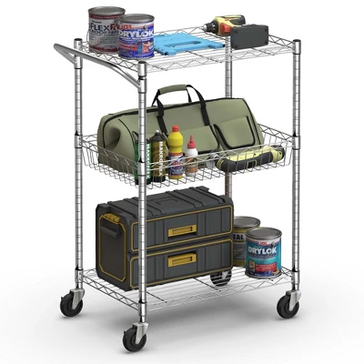 Costway 3-Tier Utility Cart Heavy Duty Wire Rolling Cart W/Handle Bar Storage Trolley 9 Costway 3-Tier Utility Cart Heavy Duty Wire Rolling Cart W/Handle Bar Storage Trolley - Image 9