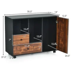 Costway Lateral Mobile Filing Cabinet Large Printer Stand W/2 Drawers Open Shelves Black