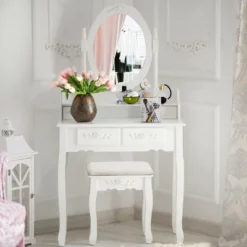 Costway Vanity Wood Makeup Dressing Table Stool 4 Drawers Black/White -Costway GUEST 8002fe35 bc11 44a8 b691 d43b0a298c51