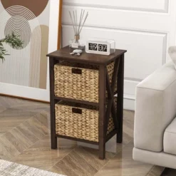 Costway 1/2 PCS 2-Tier Nightstand With 2 Seagrass Baskets Rubber Wood X-Shaped Frames 2 Drawers
