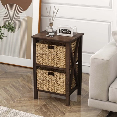 Costway 1/2 PCS 2-Tier Nightstand With 2 Seagrass Baskets Rubber Wood X-Shaped Frames 2 Drawers 1 Costway 1/2 PCS 2-Tier Nightstand With 2 Seagrass Baskets Rubber Wood X-Shaped Frames 2 Drawers