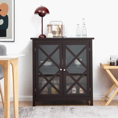 Costway Kitchen Buffet Sideboard Storage Cabinet W/Glass Doors & Adjustable Shelf WhiteBrown 2 Costway Kitchen Buffet Sideboard Storage Cabinet W/Glass Doors & Adjustable Shelf WhiteBrown - Image 2