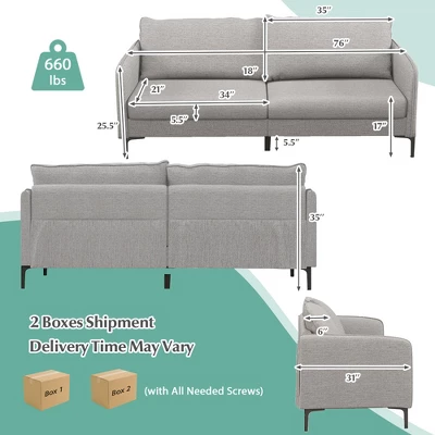 Costway Modern 76'' Loveseat Sofa Couch For Living Room Apartment Dorm With Metal Legs Gray 2 Costway Modern 76'' Loveseat Sofa Couch For Living Room Apartment Dorm With Metal Legs Gray - Image 2