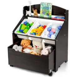 Costway Kids Wooden Toy Storage Unit Organizer W/Rolling Toy Box & Plastic Bins NaturalEspresso -Costway GUEST 80f5cdc8 b56c 40a6 9518 1678a6f77403