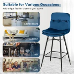Costway Set Of 2 Velvet Bar Stools Bar Height Kitchen Dining Chairs With Metal Legs Blue/Grey -Costway GUEST 812cee4e 0761 4284 bef4 ca5c35eab397
