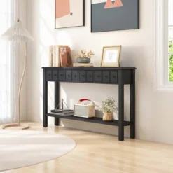 Costway 60" Console Table Retro Entryway Sofa Table With 4 Drawers & Open Shelf Hallway White/Black -Costway GUEST 82280a6a 2a7e 44a8 ab24 c1345249f274