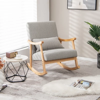 Costway Upholstered Rocking Chair With Pillow Rocking Armchair With Rubber Wood Frame Grey 3 Costway Upholstered Rocking Chair With Pillow Rocking Armchair With Rubber Wood Frame Grey - Image 3