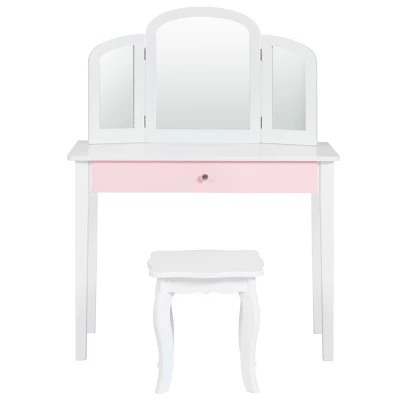 Costway Kids Vanity Set Princess Makeup Dressing Play Table Set W/Mirror White Pink 2 Costway Kids Vanity Set Princess Makeup Dressing Play Table Set W/Mirror White Pink - Image 2