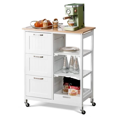 Costway Rolling Kitchen Island Utility Storage Cart W/ 3 Storage Drawers & Shelves White/Black 11 Costway Rolling Kitchen Island Utility Storage Cart W/ 3 Storage Drawers & Shelves White/Black - Image 11