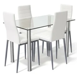 Costway 5 Piece Dining Set Table 29.6'' And 4 Chairs Glass Metal Kitchen Breakfast Furniture White -Costway GUEST 840333e2 cce9 42cd 87ed 44305bb94924