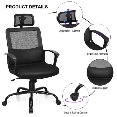 Costway Mesh Office Chair High Back Ergonomic Swivel Chair W/ Lumbar Support & Headrest 4 Costway Mesh Office Chair High Back Ergonomic Swivel Chair W/ Lumbar Support & Headrest - Image 4