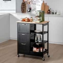 Costway Rolling Kitchen Island Utility Storage Cart W/ 3 Storage Drawers & Shelves White/Black