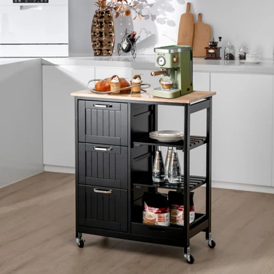 Costway Rolling Kitchen Island Utility Storage Cart W/ 3 Storage Drawers & Shelves White/Black 1 Costway Rolling Kitchen Island Utility Storage Cart W/ 3 Storage Drawers & Shelves White/Black