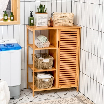 Costway Bathroom Cabinet Bamboo Storage Floor Cabinet W/ Single Door & 3 Open Shelves 1 Costway Bathroom Cabinet Bamboo Storage Floor Cabinet W/ Single Door & 3 Open Shelves