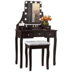 Costway Vanity Dressing Table Set W/ 10 Dimmable Bulbs Touch Switch Cushion Stool WhiteBlackBrown -Costway GUEST 86742648 d6d8 466e 937b efaf1fb4e8a3