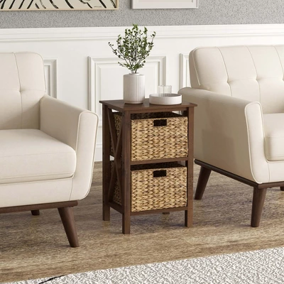 Costway 1/2 PCS 2-Tier Nightstand With 2 Seagrass Baskets Rubber Wood X-Shaped Frames 2 Drawers 4 Costway 1/2 PCS 2-Tier Nightstand With 2 Seagrass Baskets Rubber Wood X-Shaped Frames 2 Drawers - Image 4