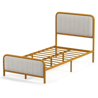 Costway Full Gold Metal Bed Frame Upholstered Platform Bed With Velvet Headboard 13 Costway Full Gold Metal Bed Frame Upholstered Platform Bed With Velvet Headboard - Image 13