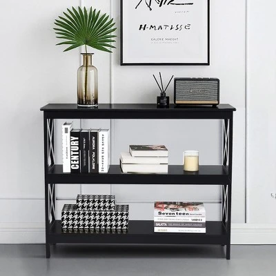 Costway 3-Tier Console Table X-Design Bookshelf Sofa Side Accent Table W/Shelf EspressoBlack 3 Costway 3-Tier Console Table X-Design Bookshelf Sofa Side Accent Table W/Shelf EspressoBlack - Image 3