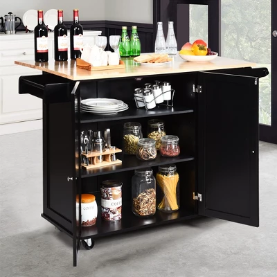 Costway Drop-Leaf Kitchen Island Trolley Cart Wood Storage Cabinet W/ Spice Rack Black 2 Costway Drop-Leaf Kitchen Island Trolley Cart Wood Storage Cabinet W/ Spice Rack Black - Image 2