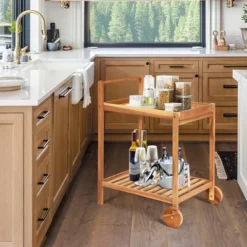 Costway 2-Tier Acacia Rolling Kitchen Trolley Cart Dining Serving Cart Outdoor W/ Wheels