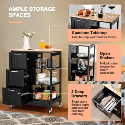Costway Rolling Kitchen Island Utility Storage Cart W/ 3 Storage Drawers & Shelves White/Black 4 Costway Rolling Kitchen Island Utility Storage Cart W/ 3 Storage Drawers & Shelves White/Black - Image 4