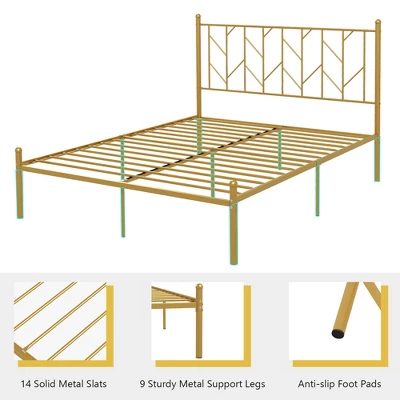 Costway Full/Queen/Twin Size Metal Platform Bed Frame Vintage Headboard Mattress Foundation Gold 6 Costway Full/Queen/Twin Size Metal Platform Bed Frame Vintage Headboard Mattress Foundation Gold - Image 6