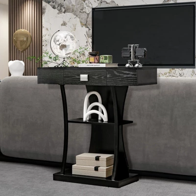 Costway T-Shaped Console Table Behind Couch Table With Drawer Shelves & Dual Anti-Tipping Kits Modern Foyer Table Entryway Accent Table 4 Costway T-Shaped Console Table Behind Couch Table With Drawer Shelves & Dual Anti-Tipping Kits Modern Foyer Table Entryway Accent Table - Image 4