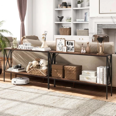 Costway Narrow Console Table 2-Tier Entryway Table With Storage 2 Support Bars Sofa Table Brown/White 3 Costway Narrow Console Table 2-Tier Entryway Table With Storage 2 Support Bars Sofa Table Brown/White - Image 3