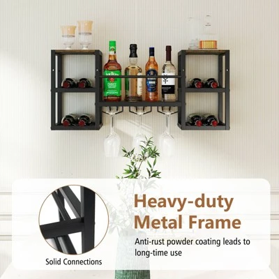Costway 3-Tier Wall Mounted Wine Rack With Glass Holder Open Shelf Wine Storage Rack Brown 6 Costway 3-Tier Wall Mounted Wine Rack With Glass Holder Open Shelf Wine Storage Rack Brown - Image 6