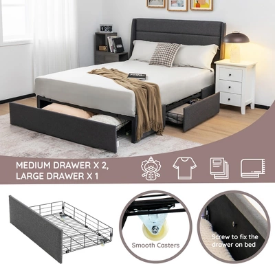 Costway Platform Bed Frame With 3 Storage Drawers Mattress Foundation Grey 4 Costway Platform Bed Frame With 3 Storage Drawers Mattress Foundation Grey - Image 4