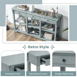 Costway 58'' Long Sofa Table With Storage Retro Console Table With 3 Drawers & Open Shelves Blue/White -Costway GUEST 9299e9ec 4fef 4ae9 9123 c0d9c33898fb