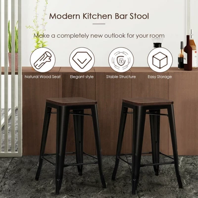 Costway Set Of 4 Counter Height Backless Barstool 26'' Metal Stackable Stool W/Wood Seat 5 Costway Set Of 4 Counter Height Backless Barstool 26'' Metal Stackable Stool W/Wood Seat - Image 5