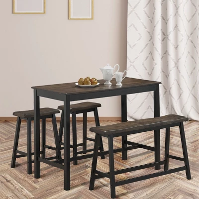 Costway 4 Pcs Solid Wood Counter Height Table Set W/ Height Bench & Two Saddle Stools 2 Costway 4 Pcs Solid Wood Counter Height Table Set W/ Height Bench & Two Saddle Stools - Image 2