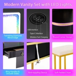 Costway Vanity Table Set With RGB LED Lights Crystal Crush Diamond Mirror Drawers Black/White -Costway GUEST 9302cd7f fa7a 4941 9555 497ae9dd127c