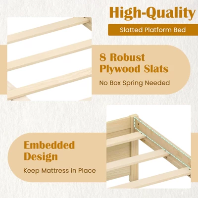 Costway Full/Queen Size Wooden Platform Bed With 2 Rolling Storage Drawers Wood Slat Support Natural/White 7 Costway Full/Queen Size Wooden Platform Bed With 2 Rolling Storage Drawers Wood Slat Support Natural/White - Image 7