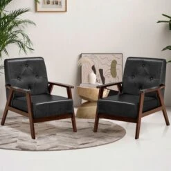 Costway Set Of 2 Accent Chairs PU Leather Chairs W/Rubber Wood Legs & Button Tufted Back