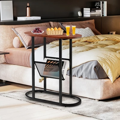 Costway 2-tier Side Table Oval Narrow End Table Nightstand Bedside Table Brown 3 Costway 2-tier Side Table Oval Narrow End Table Nightstand Bedside Table Brown - Image 3