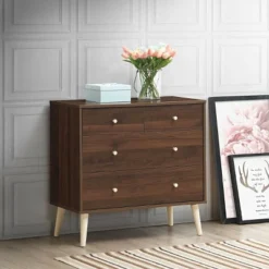 Costway 4-Drawer Dresser Chest Cabinet Storage Organizer Rubber Leg W/Rail Walnut Finish