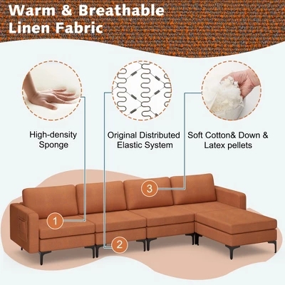 Costway Modular L-shaped Sectional Sofa W/ Reversible Chaise & 4 USB Ports OrangeDark Grey 6 Costway Modular L-shaped Sectional Sofa W/ Reversible Chaise & 4 USB Ports OrangeDark Grey - Image 6