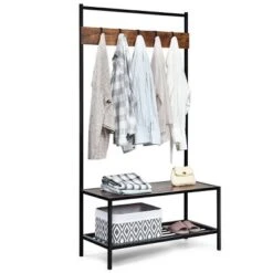 COSTWAY 3 In 1 Industrial Coat Rack Shoe Bench Entryway Hall Tree Storage Shelf W/ Hooks -Costway GUEST 97979662 3b18 433a 91da 480ae70c3c07