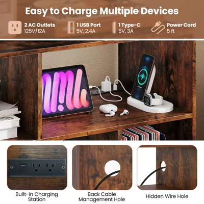 Costway Record Player Stand With Charging Station Open Shelves & Compartments Raised Legs Brown/White 7 Costway Record Player Stand With Charging Station Open Shelves & Compartments Raised Legs Brown/White - Image 7