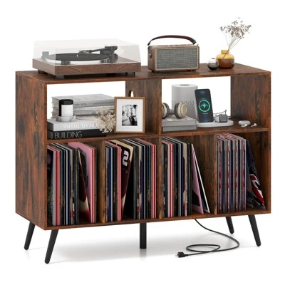 Costway Record Player Stand With Charging Station Open Shelves & Compartments Raised Legs Brown/White 5 Costway Record Player Stand With Charging Station Open Shelves & Compartments Raised Legs Brown/White - Image 5