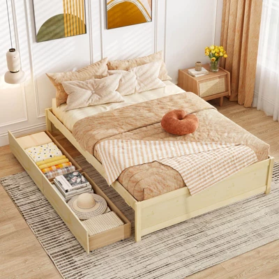 Costway Full/Queen Size Wooden Platform Bed With 2 Rolling Storage Drawers Wood Slat Support Natural/White 9 Costway Full/Queen Size Wooden Platform Bed With 2 Rolling Storage Drawers Wood Slat Support Natural/White - Image 9