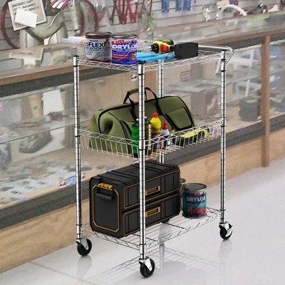 Costway 3-Tier Utility Cart Heavy Duty Wire Rolling Cart W/Handle Bar Storage Trolley 7 Costway 3-Tier Utility Cart Heavy Duty Wire Rolling Cart W/Handle Bar Storage Trolley - Image 7