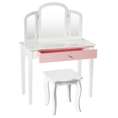 Costway Kids Vanity Set Princess Makeup Dressing Play Table Set W/Mirror White Pink 1 Costway Kids Vanity Set Princess Makeup Dressing Play Table Set W/Mirror White Pink