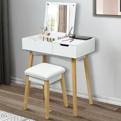Costway Vanity Makeup Table Cushioned Stool Set W/Flip Top Mirror &1 Drawer Writing Desk 7 Costway Vanity Makeup Table Cushioned Stool Set W/Flip Top Mirror &1 Drawer Writing Desk - Image 7