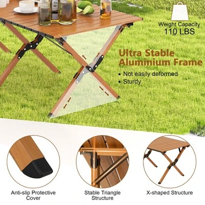 Costway Folding Aluminum Camping Table With Carry Bag Roll-Up Picnic Table With Wood Grain 4 Costway Folding Aluminum Camping Table With Carry Bag Roll-Up Picnic Table With Wood Grain - Image 4