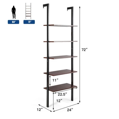 Costway 5-Tier Ladder Shelf Wood Wall Mounted Display Bookshelf Metal Frame Brown & Black/Brown & White/Bronze 1 Costway 5-Tier Ladder Shelf Wood Wall Mounted Display Bookshelf Metal Frame Brown & Black/Brown & White/Bronze